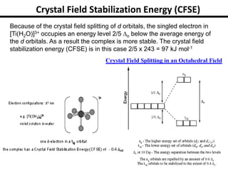 Crystal Field Stabilization Energy (CFSE)
Because of the crystal field splitting of d orbitals, the singled electron in
[Ti(H2O)]3+ occupies an energy level 2/5 o below the average energy of
the d orbitals. As a result the complex is more stable. The crystal field
stabilization energy (CFSE) is in this case 2/5 x 243 = 97 kJ mol-1
 