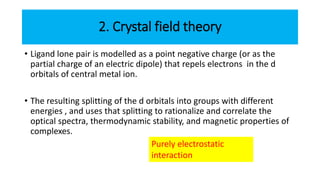 2. Crystal field theory
• Ligand lone pair is modelled as a point negative charge (or as the
partial charge of an electric...