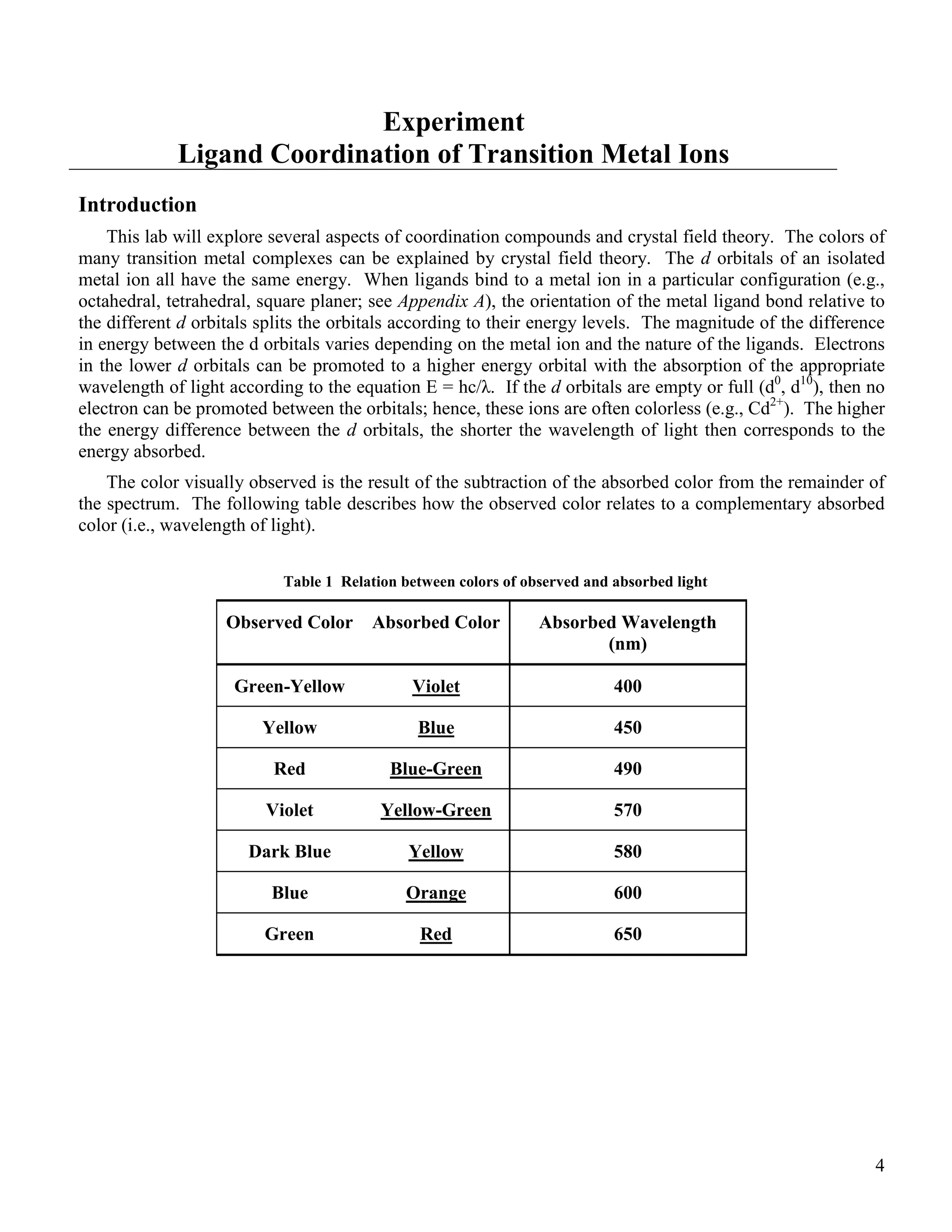 4
Experiment
Ligand Coordination of Transition Metal Ions
Introduction
This lab will explore several aspects of coordination compounds and crystal field theory. The colors of
many transition metal complexes can be explained by crystal field theory. The d orbitals of an isolated
metal ion all have the same energy. When ligands bind to a metal ion in a particular configuration (e.g.,
octahedral, tetrahedral, square planer; see Appendix A), the orientation of the metal ligand bond relative to
the different d orbitals splits the orbitals according to their energy levels. The magnitude of the difference
in energy between the d orbitals varies depending on the metal ion and the nature of the ligands. Electrons
in the lower d orbitals can be promoted to a higher energy orbital with the absorption of the appropriate
wavelength of light according to the equation E = hc/λ. If the d orbitals are empty or full (d0
, d10
), then no
electron can be promoted between the orbitals; hence, these ions are often colorless (e.g., Cd2+
). The higher
the energy difference between the d orbitals, the shorter the wavelength of light then corresponds to the
energy absorbed.
The color visually observed is the result of the subtraction of the absorbed color from the remainder of
the spectrum. The following table describes how the observed color relates to a complementary absorbed
color (i.e., wavelength of light).
Table 1 Relation between colors of observed and absorbed light
Observed Color Absorbed Color Absorbed Wavelength
(nm)
Green-Yellow Violet 400
Yellow Blue 450
Red Blue-Green 490
Violet Yellow-Green 570
Dark Blue Yellow 580
Blue Orange 600
Green Red 650
 