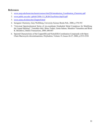 10
References
1. www.uncp.edu/home/mcclurem/courses/chm226/introduction_Coordination_Chemistry.pdf
2. www.public.asu.edu/~jpbirk/CHM-115_BLB/ClassNotes/chpt24.pdf
3. www.unine.ch/chim/chw/Chapter4.html
4. Inorganic Chemistry, Gary Wulfsberg, University Science Books Pub., 2000, p 370-393
5. “Universal Spectrochemical Series of six-coordinate Octahedral Metal Complexes for Modifying
the Ligand Splitting”, Tomohiko Ishii, Shino Tsuboi, Genta Sakane, Masahiro Yamashita and Brian
K. Breedlove, Dalton Transactions, 2009, 680-687
6. Spectral Characteristics of the Copper(III) and Nickel(III) Coordination Compounds with Open-
Chain Macrocyclic dioxotetraamines, Polyhedron, Volume 19, Issues 26-27, 2000, p 2533-2538
 