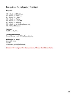 14
Instructions for Laboratory Assistant
Reagents:
4 X 100 mL 0.1M Ti3(SO4)2
4 X 100 mL 0.1 Ni(NO3)2
4 X 100 mL 0.1 CoSO4
4 X 100 mL 0.1 ZnSO4
4 X 100 mL 0.1 Na2EDTA
4 X 100 mL 0.1 Sat'd NaCl
4 X 100 mL 0.1 M Ethylenediamine (en)
4 X 100 0.2 M Imidazole
Supplies:
16 4 X 6 well plates
Also needed for demo:
1 small dropper bottle 100% ethylenediamine
Equipment (in room)
disposable pipets
cuvettes
ocean optics spectrophotometers
Students will wear gloves for this experiment. All sizes should be available.
 