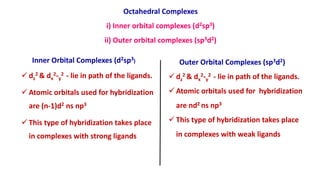 Octahedral Complexes
i) Inner orbital complexes (d2sp3)
ii) Outer orbital complexes (sp3d2)
Inner Orbital Complexes (d2sp3)
 dz
2 & dx
2-y
2 - lie in path of the ligands.
 Atomic orbitals used for hybridization
are (n-1)d2 ns np3
 This type of hybridization takes place
in complexes with strong ligands
Outer Orbital Complexes (sp3d2)
 dz
2 & dx
2-y
2 - lie in path of the ligands.
 Atomic orbitals used for hybridization
are nd2 ns np3
 This type of hybridization takes place
in complexes with weak ligands
 