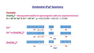 Example:
[Fe(CN)6]3- - Hexacyanoferrate(III) ion (paramagnetic with one unpaired electron)
Fe = 3d6 4s2 4p0 & Fe3+ = 3d5 4s0 µ = √n(n+2) BM = √1(1+2) = 1.73 BM
Fe3+
Fe3+ in [Fe(CN)6]3-
[Fe(CN)6]3-
Octahedral d2sp3 Geometry
↑↓ ↑↓ ↑
xx xx xx xx
↑ ↑ ↑ ↑ ↑
mix
d2sp3
↑↓ ↑↓ ↑ xx xx
3d 4s 4p
3d
3d
4s
4s
4p
4p
dx
2-y
2 dz
2
dx
2-y
2 dz
2
 