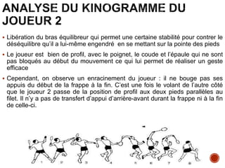  Libération du bras équilibreur qui permet une certaine stabilité pour contrer le
déséquilibre qu’il a lui-même engendré en se mettant sur la pointe des pieds
 Le joueur est bien de profil, avec le poignet, le coude et l’épaule qui ne sont
pas bloqués au début du mouvement ce qui lui permet de réaliser un geste
efficace
 Cependant, on observe un enracinement du joueur : il ne bouge pas ses
appuis du début de la frappe à la fin. C’est une fois le volant de l’autre côté
que le joueur 2 passe de la position de profil aux deux pieds parallèles au
filet. Il n’y a pas de transfert d’appui d’arrière-avant durant la frappe ni à la fin
de celle-ci.
 