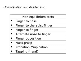Co-ordination sub divided into
Non equilibrium tests
 Finger to nose
 Finger to therapist finger
 Finger to finger
 Alternate nose to finger
 Finger opposition
 Mass grasp
 Pronation /Supination
 Tapping (hand)
 