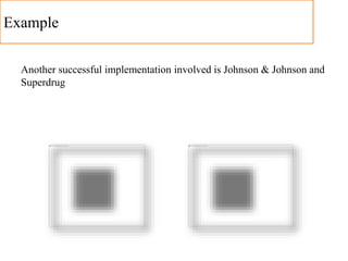 Another successful implementation involved is Johnson & Johnson and
Superdrug
Example
 