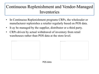 Continuous Replenishment and Vendor-Managed
Inventories
• In Continuous Replenishment programs CRPs, the wholesaler or
manufacturer replenishes a retailer regularly based on POS data.
• It ay be managed by the supplier, distributor or a third party.
• CRPs driven by actual withdrawal of inventory from retail
warehouses rather than POS data at the store level.
POS data
 