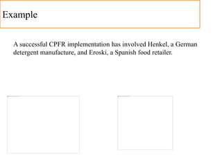 Example
A successful CPFR implementation has involved Henkel, a German
detergent manufacture, and Eroski, a Spanish food retailer.
 