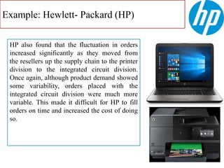 Example: Hewlett- Packard (HP)
HP also found that the fluctuation in orders
increased significantly as they moved from
the resellers up the supply chain to the printer
division to the integrated circuit division.
Once again, although product demand showed
some variability, orders placed with the
integrated circuit division were much more
variable. This made it difficult for HP to fill
orders on time and increased the cost of doing
so.
 