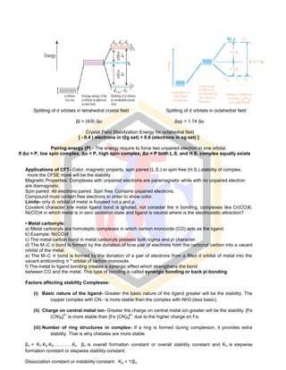 Splitting of d orbitals in tetrahedral crystal field Splitting of d orbitals in octahedral field
Δt = (4/9) Δo Δsp = 1.74 Δo
Crystal Field Stabilization Energy for octahedral field
[ - 0.4 ( electrons in t2g set) + 0.6 (electrons in eg set) ]
Pairing energy (P) - The energy require to force two unpaired electron in one orbital.
If Δo > P, low spin complex, Δo < P, high spin complex, Δo = P both L.S. and H.S. complex equally exists
Applications of CFT- Color, magnetic property, spin paired (L.S.) or spin free (H.S.),stability of complex,
more the CFSE more will be the stability
Magnetic Properties: Complexes with unpaired electrons are paramagnetic while with no unpaired electron
are diamagnetic.
Spin paired: All electrons paired. Spin free: Contains unpaired electrons.
Compound must contain free electrons in order to show color.
Limits- only d- orbital of metal is focused not s and p.
Covalent character b/w metal ligand bond is ignored, not consider the π bonding, complexes like Cr(CO)6,
Ni(CO)4 in which metal is in zero oxidation state and ligand is neutral where is the electrostatic attraction?
• Metal carbonyls:
a) Metal carbonyls are homoleptic complexes in which carbon monoxide (CO) acts as the ligand.
b) Example: Ni(CO)4
c) The metal-carbon bond in metal carbonyls possess both sigma and pi character.
d) The M–C σ bond is formed by the donation of lone pair of electrons from the carbonyl carbon into a vacant
orbital of the metal.
e) The M–C π bond is formed by the donation of a pair of electrons from a filled d orbital of metal into the
vacant antibonding π * orbital of carbon monoxide.
f) The metal to ligand bonding creates a synergic effect which strengthens the bond
between CO and the metal. This type of bonding is called synergic bonding or back pi bonding.
Factors affecting stability Complexes-
(i) Basic nature of the ligand- Greater the basic nature of the ligand greater will be the stability. The
copper complex with CN– is more stable than the complex with NH3 (less basic).
(ii) Charge on central metal ion- Greater the charge on central metal ion greater will be the stability. [Fe
(CN)6]
3–
is more stable than [Fe (CN)6]
4–
due to the higher charge on Fe.
(iii) Number of ring structures in complex- If a ring is formed during complexion, it provides extra
stability. That is why chelates are more stable.
βn = K1.K2.K3…………Kn βn is overall formation constant or overall stability constant and Kn is stepwise
formation constant or stepwise stability constant.
Dissociation constant or instability constant Kd = 1/βn
 