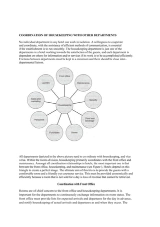COORDINATION OF HOUSEKEEPING WITH OTHER DEPARTMENTS

No individual department in any hotel can work in isolation. A willingness to cooperate
and coordinate, with the assistance of efficient methods of communication, is essential
if the establishment is to run smoothly. The housekeeping department is just one of the
departments in a hotel working towards the satisfaction of the guests, and each department is
dependent on others for information and/or services if its work is to be accomplished efficiently.
Frictions between departments must be kept to a minimum and there should be close inter-
departmental liaison.




All departments depicted in the above picture need to co ordinate with housekeeping, and vice
versa. Within the rooms division, housekeeping primarily coordinates with the front office and
maintenance. Amongst all coordination relationships in hotels, the most important one is that
between the front office, housekeeping, and maintenance (see Figure ). Hotels depend on this
triangle to create a perfect image. The ultimate aim of this trio is to provide the guests with a
comfortable room and a friendly yet courteous service. This must be provided economically and
efficiently because a room that is not sold for a day is loss of revenue that cannot be retrieved.

                                 Coordination with Front Office

Rooms are of chief concern to the front office and housekeeping departments. It is
important for the departments to continuously exchange information on room status. The
front office must provide lists for expected arrivals and departures for the day in advance,
and notify housekeeping of actual arrivals and departures as and when they occur. The
 