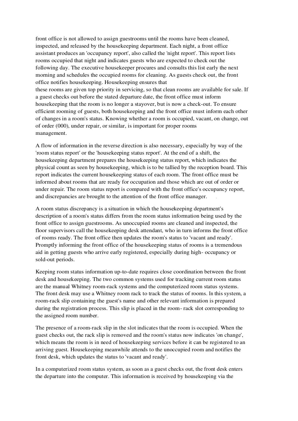 Coordination of housekeeping with other departments