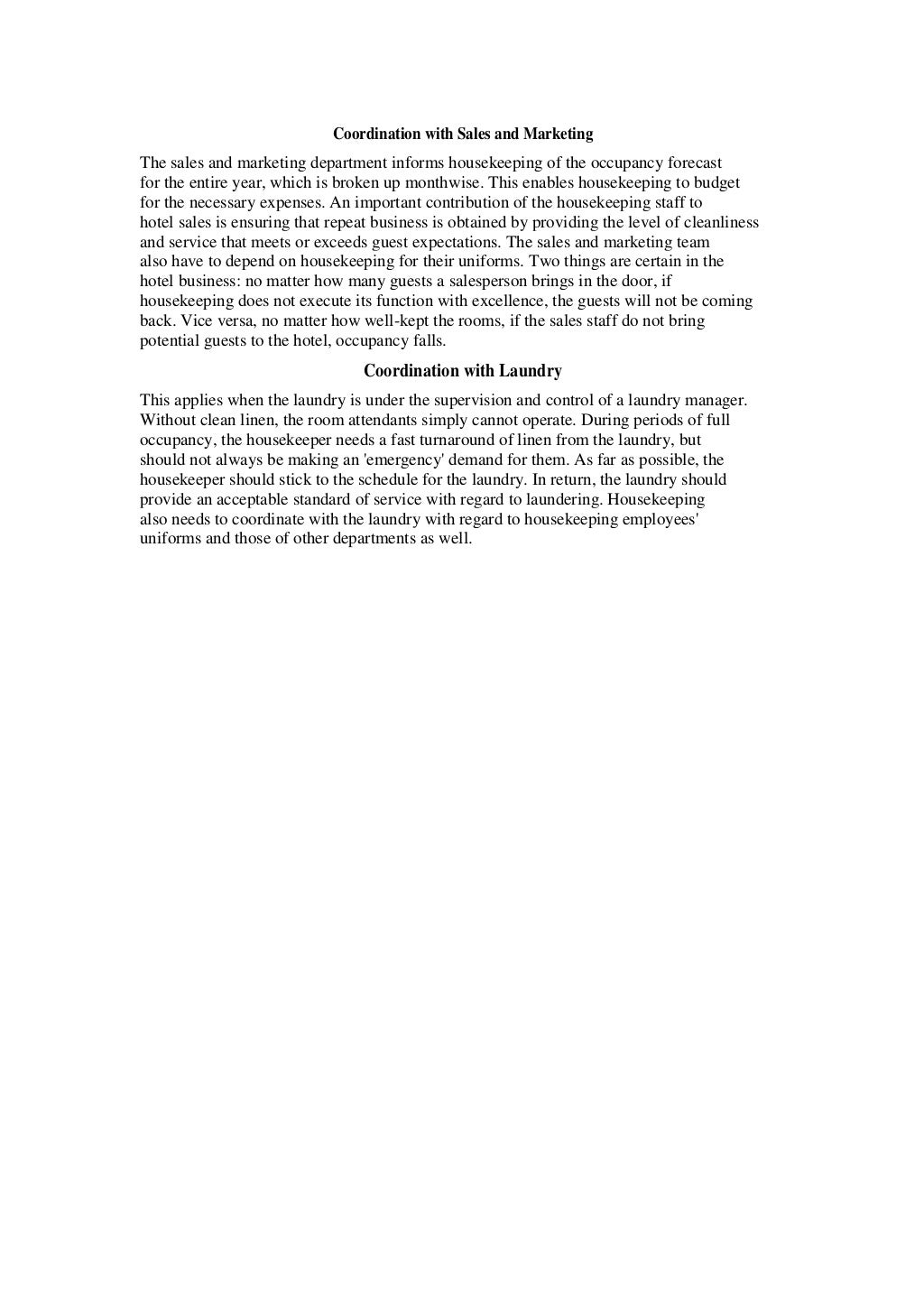 Coordination of housekeeping with other departments