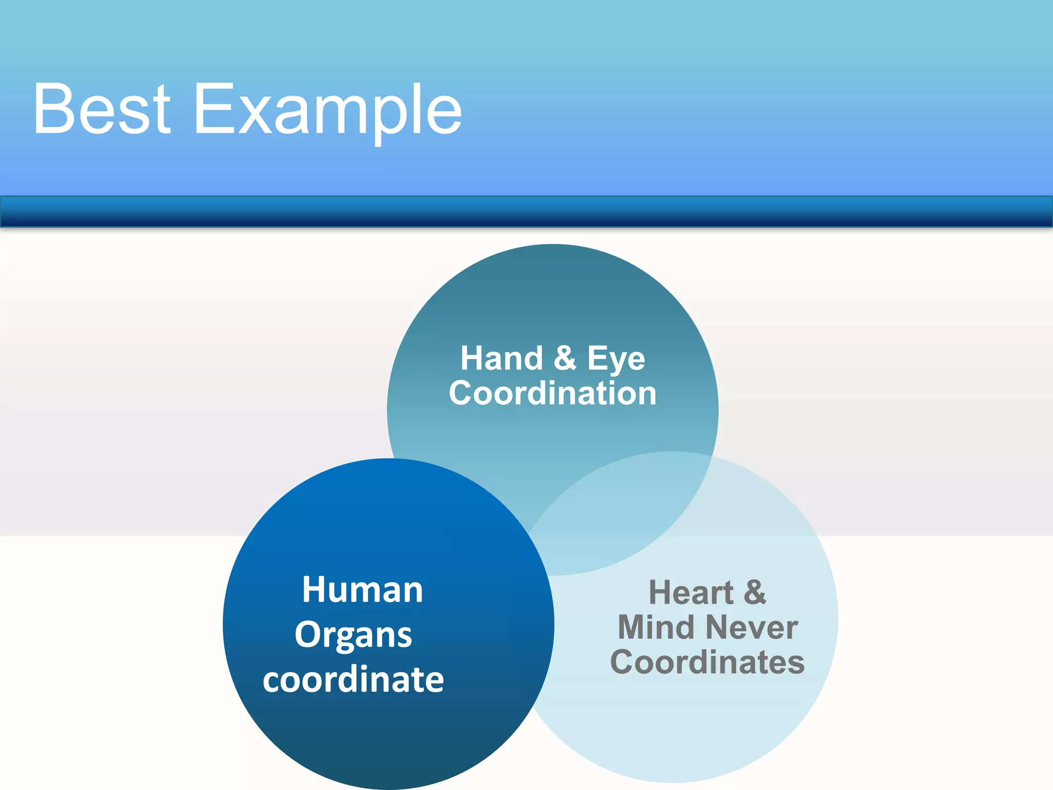 Best Example

Hand & Eye
Coordination

Human
Organs
coordinate

Heart &
Mind Never
Coordinates

 