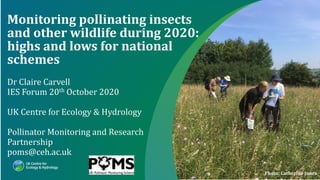 Photo: Catherine Jones
1
Dr Claire Carvell
IES Forum 20th October 2020
UK Centre for Ecology & Hydrology
Pollinator Monitoring and Research
Partnership
poms@ceh.ac.uk
Monitoring pollinating insects
and other wildlife during 2020:
highs and lows for national
schemes
 