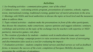 Activities
1. Ice-breaking activities - communication games, tour of the school
2. Cultural events - welcoming artistic program, presentations of countries, schools, regions,
towns, international evening, traditional evening, guided tour of tourist attractions in the area.
3. Meetings with NGOs and local authorities to discuss the topics at local level and the measures
taken to address them.
5. Topic-related activities - students make the presentations in front of the other participants,
they discuss the situations, make comarisons, express opinions and suggest solutions; seminars,
workshops and activities on the topic of the exchange (run by teachers with expertise or NGO
partners), interactive games, role plays
6. The creation of products by students - students work in multicultural teams and create
posters of the exchange, campaign posters to raise awareness about the issues of stereotyping
and discrimination (also used as a tool for evaluating the impact)
7. Evaluation activities - students complete initial surveys and final surveys as well as feedback
forms, to measure the success of the event, completion of Europass Mobility documents,
presenting the certificates of attendance.
 