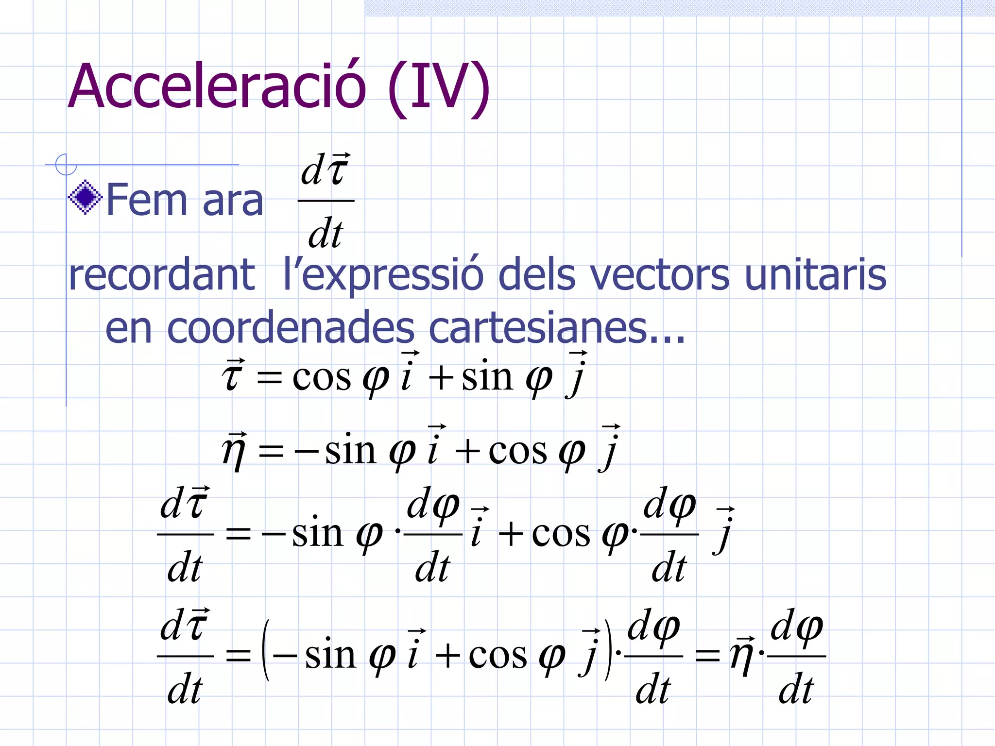 Acceleració (IV) Fem ara recordant  l’expressió dels vectors unitaris en coordenades cartesianes... 