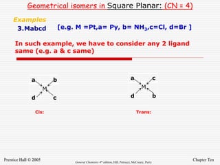 Chapter Ten
Prentice Hall © 2005 General Chemistry 4th edition, Hill, Petrucci, McCreary, Perry
Geometrical isomers in Square Planar: (CN = 4)
Examples
3.Mabcd
a c
M
d b
Cis: Trans:
a b
M
d c
[e.g. M =Pt,a= Py, b= NH3,c=Cl, d=Br ]
In such example, we have to consider any 2 ligand
same (e.g. a & c same)
 