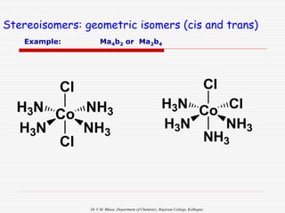 Dr V.M. Bhuse, Department of Chemistry, Rajaram College, Kolhapur.
Stereoisomers: geometric isomers (cis and trans)
Cl
Co Cl
NH3
H3N
H3N
NH3
Cl
Co NH3
NH3
H3N
H3N
Cl
Example: Ma4b2 or Ma2b4
 