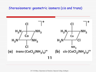 Dr V.M. Bhuse, Department of Chemistry, Rajaram College, Kolhapur.
Stereoisomers: geometric isomers (cis and trans)
 