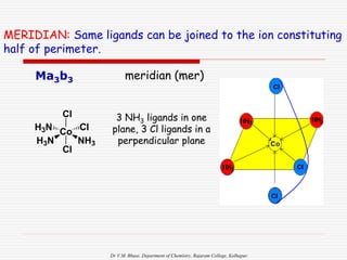 Dr V.M. Bhuse, Department of Chemistry, Rajaram College, Kolhapur.
Ma3b3 meridian (mer)
3 NH3 ligands in one
plane, 3 Cl ligands in a
perpendicular plane
Cl
Co Cl
NH3
H3N
H3N
Cl
MERIDIAN: Same ligands can be joined to the ion constituting
half of perimeter.
 
