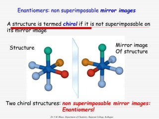 Dr V.M. Bhuse, Department of Chemistry, Rajaram College, Kolhapur.
Enantiomers: non superimposable mirror images
A structure is termed chiral if it is not superimposable on
its mirror image
Two chiral structures: non superimposable mirror images:
Enantiomers!
Structure
Mirror image
Of structure
 