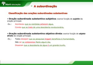 Classificação das orações subordinadas substantivasClassificação das orações subordinadas substantivas
• Oração subordinada substantiva subjetiva: exerce função de sujeito da
oração principal.
-Ex.: Aconteceu que os cientistas acharam água.
Consta que se trata de uma descoberta revolucionária.
• Oração subordinada substantiva objetiva direta: exerce função de objeto
direto da oração principal.
-Ex.: Todos desejam que as pesquisas tragam benefícios à Humanidade.
Não sei se visitaremos Marte algum dia.
Disseram que a descoberta de água é um grande trunfo.
A subordinaçãoA subordinação
 
