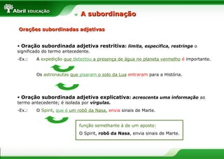 • Oração subordinada adjetiva restritiva: limita, especifica, restringe o
significado do termo antecedente.
-Ex.: A expedição que detectou a presença de água no planeta vermelho é importante.
Os astronautas que pisaram o solo da Lua entraram para a História.
• Oração subordinada adjetiva explicativa: acrescenta uma informação ao
termo antecedente; é isolada por vírgulas.
-Ex.: O Spirit, que é um robô da Nasa, envia sinais de Marte.
função semelhante à de um aposto:
O Spirit, robô da Nasa, envia sinais de Marte.
A subordinaçãoA subordinação
Orações subordinadas adjetivasOrações subordinadas adjetivas
 