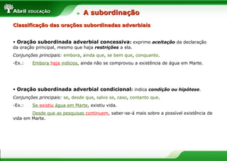 • Oração subordinada adverbial concessiva: exprime aceitação da declaração
da oração principal, mesmo que haja restrições a ela.
Conjunções principais: embora, ainda que, se bem que, conquanto.
-Ex.: Embora haja indícios, ainda não se comprovou a existência de água em Marte.
• Oração subordinada adverbial condicional: indica condição ou hipótese.
Conjunções principais: se, desde que, salvo se, caso, contanto que.
-Ex.: Se existiu água em Marte, existiu vida.
Desde que as pesquisas continuem, saber-se-á mais sobre a possível existência de
vida em Marte.
Classificação das orações subordinadas adverbiaisClassificação das orações subordinadas adverbiais
A subordinaçãoA subordinação
 
