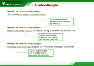 Exemplo de reduzida de infinitivo:
Leia o jornal para saber as últimas notícias.
Exemplo de reduzida de gerúndio:
Mesmo só existindo indícios, a existência de água em Marte se dá como fato.
Exemplo de reduzida de particípio:
Terminada a missão do Spirit, todos os dados serão analisados novamente.
oração subordinada
adverbial final reduzida
de infinitivo
oração subordinada
adverbial concessiva
reduzida de gerúndio
oração subordinada
adverbial temporal
reduzida de particípio
A subordinaçãoA subordinação
 