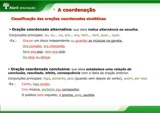 Classificação das orações coordenadas sindéticasClassificação das orações coordenadas sindéticas
• Oração coordenada alternativa: sua ideia indica alternância ou escolha.
Conjunções principais: ou, ou... ou, ora... ora, nem... nem, quer... quer.
-Ex.: Gravar um disco independente ou guardar as músicas na gaveta.
Ora compõe, ora interpreta.
Nem era pop, nem era rock.
Ou toca ou dança.
• Oração coordenada conclusiva: sua ideia estabelece uma relação de
conclusão, resultado, efeito, consequência com a ideia da oração anterior.
Conjunções principais: logo, portanto, pois (quando vem depois do verbo), assim, por isso.
-Ex.: Canto, logo existo.
Crio música, portanto sou compositor.
O público está inquieto; é preciso, pois, cautela.
A coordenaçãoA coordenação
 