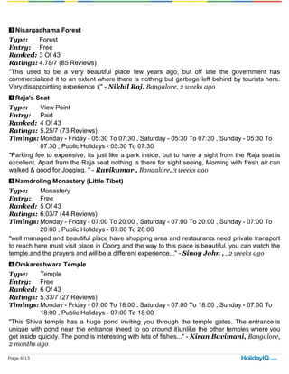 3
4
5
6
Nisargadhama Forest
Type: Forest
Entry: Free
Ranked: 3 Of 43
Ratings: 4.78/7 (85 Reviews)
"This used to be a very beautiful place few years ago, but off late the government has
commercialized it to an extent where there is nothing but garbage left behind by tourists here.
Very disappointing experience :(" - Nikhil Raj, Bangalore, 2 weeks ago
Raja's Seat
Type: View Point
Entry: Paid
Ranked: 4 Of 43
Ratings: 5.25/7 (73 Reviews)
Timings: Monday - Friday - 05:30 To 07:30 , Saturday - 05:30 To 07:30 , Sunday - 05:30 To
07:30 , Public Holidays - 05:30 To 07:30
"Parking fee to expensive, Its just like a park inside, but to have a sight from the Raja seat is
excellent. Apart from the Raja seat nothing is there for sight seeing, Morning with fresh air can
walked & good for Jogging. " - Ravikumar , Bangalore, 3 weeks ago
Namdroling Monastery (Little Tibet)
Type: Monastery
Entry: Free
Ranked: 5 Of 43
Ratings: 6.03/7 (44 Reviews)
Timings: Monday - Friday - 07:00 To 20:00 , Saturday - 07:00 To 20:00 , Sunday - 07:00 To
20:00 , Public Holidays - 07:00 To 20:00
"well managed and beautiful place have shopping area and restaurants need private transport
to reach here must visit place in Coorg and the way to this place is beautiful. you can watch the
temple.and the prayers and will be a different experience..." - Sinoy John , , 2 weeks ago
Omkareshwara Temple
Type: Temple
Entry: Free
Ranked: 6 Of 43
Ratings: 5.33/7 (27 Reviews)
Timings: Monday - Friday - 07:00 To 18:00 , Saturday - 07:00 To 18:00 , Sunday - 07:00 To
18:00 , Public Holidays - 07:00 To 18:00
"This Shiva temple has a huge pond inviting you through the temple gates. The entrance is
unique with pond near the entrance (need to go around it)unlike the other temples where you
get inside quickly. The pond is interesting with lots of fishes..." - Kiran Bavimani, Bangalore,
2 months ago
Page 6/13
 