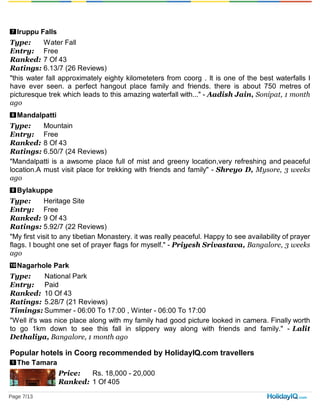 7
8
9
10
1
Iruppu Falls
Type: Water Fall
Entry: Free
Ranked: 7 Of 43
Ratings: 6.13/7 (26 Reviews)
"this water fall approximately eighty kilometeters from coorg . It is one of the best waterfalls I
have ever seen. a perfect hangout place family and friends. there is about 750 metres of
picturesque trek which leads to this amazing waterfall with..." - Aadish Jain, Sonipat, 1 month
ago
Mandalpatti
Type: Mountain
Entry: Free
Ranked: 8 Of 43
Ratings: 6.50/7 (24 Reviews)
"Mandalpatti is a awsome place full of mist and greeny location,very refreshing and peaceful
location.A must visit place for trekking with friends and family" - Shreyo D, Mysore, 3 weeks
ago
Bylakuppe
Type: Heritage Site
Entry: Free
Ranked: 9 Of 43
Ratings: 5.92/7 (22 Reviews)
"My first visit to any tibetian Monastery. it was really peaceful. Happy to see availability of prayer
flags. I bought one set of prayer flags for myself." - Priyesh Srivastava, Bangalore, 3 weeks
ago
Nagarhole Park
Type: National Park
Entry: Paid
Ranked: 10 Of 43
Ratings: 5.28/7 (21 Reviews)
Timings: Summer - 06:00 To 17:00 , Winter - 06:00 To 17:00
"Well it's was nice place along with my family had good picture looked in camera. Finally worth
to go 1km down to see this fall in slippery way along with friends and family." - Lalit
Dethaliya, Bangalore, 1 month ago
Popular hotels in Coorg recommended by HolidayIQ.com travellers
The Tamara
Price: Rs. 18,000 - 20,000
Ranked: 1 Of 405
Page 7/13
 