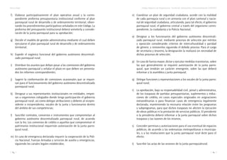 Marco legal
84
Código Orgánico de Organización Territorial, Autonomía y Descentralización (COOTAD)
85
f)	 Elaborar participativamente el plan operativo anual y la corres-
pondiente proforma presupuestaria institucional conforme al plan
parroquial rural de desarrollo y de ordenamiento territorial, obser-
vando los procedimientos participativos señalados en este Código. La
proforma del presupuesto institucional deberá someterla a conside-
ración de la junta parroquial para su aprobación;
g)	 Decidir el modelo de gestión administrativa mediante el cual deben
ejecutarse el plan parroquial rural de desarrollo y de ordenamiento
territorial;
h)	 Expedir el orgánico funcional del gobierno autónomo descentrali-
zado parroquial rural;
i)	 Distribuir los asuntos que deban pasar a las comisiones del gobierno
autónomo parroquial y señalar el plazo en que deben ser presenta-
dos los informes correspondientes;
j)	 Sugerir la conformación de comisiones ocasionales que se requie-
ran para el funcionamiento del gobierno autónomo descentralizado
parroquial rural;
k)	 Designar a sus representantes institucionales en entidades, empre-
sas u organismos colegiados donde tenga participación el gobierno
parroquial rural; así como delegar atribuciones y deberes al vicepre-
sidente o vicepresidenta, vocales de la junta y funcionarios dentro
del ámbito de sus competencias;
l)	 Suscribir contratos, convenios e instrumentos que comprometan al
gobierno autónomo descentralizado parroquial rural, de acuerdo
con la ley. Los convenios de crédito o aquellos que comprometan el
patrimonio institucional requerirán autorización de la junta parro-
quial rural;
m)	 En caso de emergencia declarada requerir la cooperación de la Poli-
cía Nacional, Fuerzas Armadas y servicios de auxilio y emergencias,
siguiendo los canales legales establecidos;
n)	 Coordinar un plan de seguridad ciudadana, acorde con la realidad
de cada parroquia rural y en armonía con el plan cantonal y nacio-
nal de seguridad ciudadana, articulando, para tal efecto, el gobierno
parroquial rural, el gobierno central a través del organismo corres-
pondiente, la ciudadanía y la Policía Nacional;
o)	 Designar a los funcionarios del gobierno autónomo descentrali-
zado parroquial rural, mediante procesos de selección por méritos
y oposición considerando criterios de interculturalidad y paridad
de género; y removerlos siguiendo el debido proceso. Para el cargo
de secretario y tesorero, la designación la realizará sin necesidad de
dichos procesos de selección;
p)	 En caso de fuerza mayor, dictar y ejecutar medidas transitorias, sobre
las que generalmente se requiere autorización de la junta parro-
quial, que tendrán un carácter emergente, sobre las que deberá
informar a la asamblea y junta parroquial;
q)	 Delegar funciones y representaciones a los vocales de la junta parro-
quial rural;
r)	 La aprobación, bajo su responsabilidad civil, penal y administrativa,
de los traspasos de partidas presupuestarias, suplementos y reduc-
ciones de crédito, en casos especiales originados en asignaciones
extraordinarias o para financiar casos de emergencia legalmente
declarada, manteniendo la necesaria relación entre los programas
y subprogramas, para que dichos traspasos no afecten la ejecución
de obras públicas ni la prestación de servicios públicos. El presidente
o la presidenta deberá informar a la junta parroquial sobre dichos
traspasos y las razones de los mismos;
s)	 Conceder permisos y autorizaciones para el uso eventual de espacios
públicos, de acuerdo a las ordenanzas metropolitanas o municipa-
les, y a las resoluciones que la junta parroquial rural dicte para el
efecto;
t)	 Suscribir las actas de las sesiones de la junta parroquialrural;
 