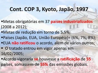 Cont. COP 3, Kyoto, Japão, 1997
Metas obrigatórias em 37 países industrializados
(2008 a 2012);
Metas de redução em torno de 5,5%;
Países (Japão, EUA, União Européia)= (6%, 7%, 8%);
EUA não ratificou o acordo, além de vários outros;
 O tratado entrou em vigor apenas em
16/02/2005;
Acordo vigoraria se houvesse a ratificação de 55
países, somassem de 55% das emissões globais.
 
