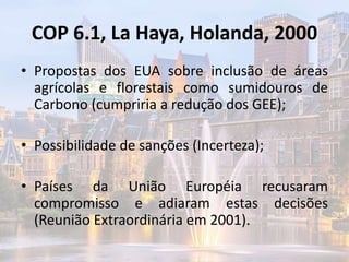 COP 6.1, La Haya, Holanda, 2000
• Propostas dos EUA sobre inclusão de áreas
agrícolas e florestais como sumidouros de
Carbono (cumpriria a redução dos GEE);
• Possibilidade de sanções (Incerteza);
• Países da União Européia recusaram
compromisso e adiaram estas decisões
(Reunião Extraordinária em 2001).
 