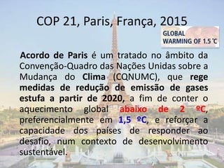 COP 21, Paris, França, 2015
Acordo de Paris é um tratado no âmbito da
Convenção-Quadro das Nações Unidas sobre a
Mudança do Clima (CQNUMC), que rege
medidas de redução de emissão de gases
estufa a partir de 2020, a fim de conter o
aquecimento global abaixo de 2 ºC,
preferencialmente em 1,5 ºC, e reforçar a
capacidade dos países de responder ao
desafio, num contexto de desenvolvimento
sustentável.
 