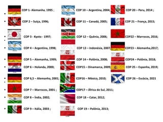COP 1- Alemanha, 1995 ; COP 10 – Argentina, 2004; COP 20 – Peru, 2014 ;

 COP 2 – Suiça, 1996; COP 11 – Canadá, 2005; COP 21 – França, 2015;
 COP 3 - Kyoto - 1997; COP 12 – Quênia, 2006; COP22 – Marrocos, 2016;
•
 COP 4 – Argentina, 1998; COP 13 – Indonésia, 2007; COP23 – Alemanha,2017;
 COP 5 – Alemanha, 1999; COP 14 – Polônia, 2008; COP24 – Polônia, 2018;
 COP 6 – Holanda, 2000; COP15 – Dinamarca, 2009; COP 25 – Espanha, 2019;
 COP 6,5 – Alemanha, 2001; COP16 – México, 2010; COP 26 – Escócia, 2021
•
 COP 7 – Marrocos, 2001 ; COP17 – África do Sul, 2011;
 COP 8 – Índia, 2002; COP 18 – Catar, 2012;
 COP 9 – Itália, 2003 ; COP 19 – Polônia, 2013;
 