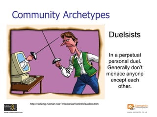 Community Archetypes In a perpetual personal duel. Generally don’t menace anyone except each other. Duelsists http://redwing.hutman.net/~mreed/warriorshtm/duelists.htm 