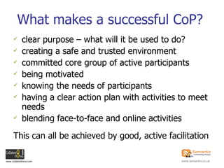 What makes a successful CoP? clear purpose – what will it be used to do? creating a safe and trusted environment committed core group of active participants  being motivated knowing the needs of participants having a clear action plan with activities to meet needs blending face-to-face and online activities This can all be achieved by good, active facilitation 
