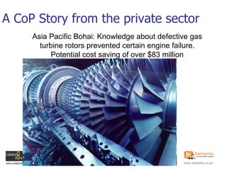 A CoP Story from the private sector Asia Pacific Bohai: Knowledge about defective gas turbine rotors prevented certain engine failure. Potential cost saving of over $83 million 