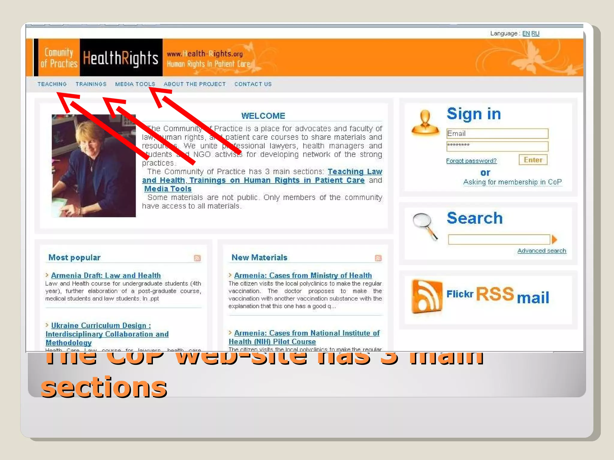 The CoP web-site has 3 main sections 