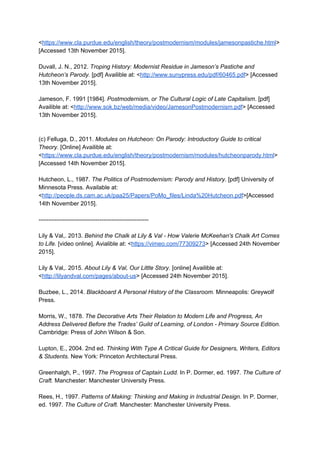 <​https://www.cla.purdue.edu/english/theory/postmodernism/modules/jamesonpastiche.html​> 
[Accessed 13th November 2015]. 
 
Duvall, J. N., 2012. ​Troping History: Modernist Residue in Jameson’s Pastiche and 
Hutcheon’s Parody. ​[pdf] Availible at: <​http://www.sunypress.edu/pdf/60465.pdf​> [Accessed 
13th November 2015]. 
 
Jameson, F. 1991 [1984]. ​Postmodernism, or The Cultural Logic of Late Capitalism​. [pdf] 
Availible at: <​http://www.sok.bz/web/media/video/JamesonPostmodernism.pdf​> [Accessed 
13th November 2015]. 
 
 
(c) Felluga, D., 2011. ​Modules on Hutcheon: On Parody: Introductory Guide to critical 
Theory. ​[Online] Availible at: 
<​https://www.cla.purdue.edu/english/theory/postmodernism/modules/hutcheonparody.html​> 
[Accessed 14th November 2015].  
 
Hutcheon, L., 1987. ​The Politics of Postmodernism: Parody and History. ​[pdf] University of 
Minnesota Press. Available at: 
<​http://people.ds.cam.ac.uk/paa25/Papers/PoMo_files/Linda%20Hutcheon.pdf​>[Accessed 
14th November 2015]. 
 
­­­­­­­­­­­­­­­­­­­­­­­­­­­­­­­­­­­­­­­­­­­­­­­­­­­­­­­­ 
 
Lily & Val,. 2013. ​Behind the Chalk at Lily & Val ­ How Valerie McKeehan's Chalk Art Comes 
to Life. ​[video online]. Avialible at: <​https://vimeo.com/77309273​> [Accessed 24th November 
2015]. 
 
Lily & Val,. 2015. ​About Lily & Val, Our Little Story. ​[online] Availible at: 
<​http://lilyandval.com/pages/about­us​> [Accessed 24th November 2015]. 
 
Buzbee, L., 2014. ​Blackboard A Personal History of the Classroom. ​Minneapolis: Greywolf 
Press. 
 
Morris, W., 1878. ​The Decorative Arts Their Relation to Modern Life and Progress, An 
Address Delivered Before the Trades’ Guild of Learning, of London ­ Primary Source Edition. 
Cambridge: Press of John Wilson & Son. 
 
Lupton, E., 2004. 2nd ed. ​Thinking With Type A Critical Guide for Designers, Writers, Editors 
& Students. ​New York: Princeton Architectural Press. 
 
Greenhalgh, P., 1997. ​The Progress of Captain Ludd. ​In P. Dormer, ed. 1997. ​The Culture of 
Craft. ​Manchester: Manchester University Press. 
 
Rees, H., 1997. ​Patterns of Making: Thinking and Making in Industrial Design. ​In P. Dormer, 
ed. 1997. ​The Culture of Craft. ​Manchester: Manchester University Press. 
 