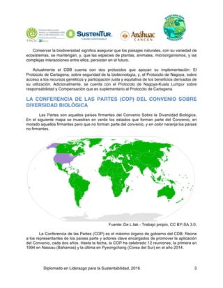 Diplomado en Liderazgo para la Sustentabilidad, 2016 3
Conservar la biodiversidad significa asegurar que los paisajes naturales, con su variedad de
ecosistemas, se mantengan, y, que las especies de plantas, animales, microorganismos, y las
complejas interacciones entre ellos, persistan en el futuro.
Actualmente el CDB cuenta con dos protocolos que apoyan su implementación: El
Protocolo de Cartagena, sobre seguridad de la biotecnología, y, el Protocolo de Nagoya, sobre
acceso a los recursos genéticos y participación justa y equitativa de los beneficios derivados de
su utilización. Adicionalmente, se cuenta con el Protocolo de Nagoya-Kuala Lumpur sobre
responsabilidad y Compensación que es suplementario al Protocolo de Cartagena.
LA CONFERENCIA DE LAS PARTES (COP) DEL CONVENIO SOBRE
DIVERSIDAD BIOLÓGICA
Las Partes son aquellos países firmantes del Convenio Sobre la Diversidad Biológica.
En el siguiente mapa se muestran en verde los estados que forman parte del Convenio, en
morado aquellos firmantes pero que no forman parte del convenio, y en color naranja los países
no firmantes.
Fuente: De L.tak - Trabajo propio, CC BY-SA 3.0,
La Conferencia de las Partes (COP) es el máximo órgano de gobierno del CDB. Reúne
a los representantes de los países parte y actores clave encargados de promover la aplicación
del Convenio, cada dos años. Hasta la fecha, la COP ha celebrado 12 reuniones, la primera en
1994 en Nassau (Bahamas) y la última en Pyeongchang (Corea del Sur) en el año 2014.
 