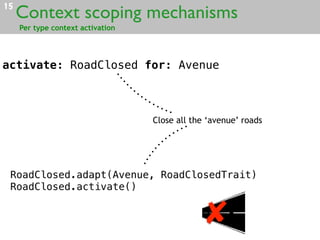 15
Context scoping mechanisms
Per type context activation
activate: RoadClosed for: Avenue
Close all the ‘avenue’ roads
RoadClosed.adapt(Avenue, RoadClosedTrait)
RoadClosed.activate()
 