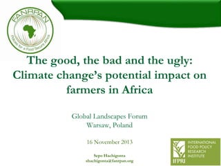 The good, the bad and the ugly:
Climate change’s potential impact on
farmers in Africa
Global Landscapes Forum
Warsaw, Poland
16 November 2013
Sepo Hachigonta
shachigonta@fanrpan.org

 