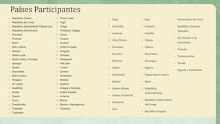 Países Participantes
• Chad
• Colombia
• Comoras
• Côte d'Ivoire
• Dominica
• Ecuador
• Filipinas
• Gabón
• Guatemala
• Guinea
• Guinea-Bissau
• Guinea Ecuatorial
• Honduras
• Irán
• Iraq
• Jordania
• Lesotho
• Líbano
• Liberia
• Mauritania
• Nicaragua
• Nigeria
• Papua Nueva Guinea
• Qatar
• República
Centroafricana
• República Democrática
del Congo
• República Popular
Democrática de Corea
• República Unida de
Tanzanía
• San Vicente y las
Granadinas
• Somalia
• Turkmenistán
• Tuvalu
• Uganda y Uzbekistán
• República Checa
• República de Corea
• República Democrática Popular Lao
• República Dominicana
• Rumania
• Rwanda
• Saint
• Kitts y Nevis
• Samoa
• Santa Lucía
• Santo Tomé y Príncipe
• Senegal
• Serbia
• Seychelles
• Sierra Leona
• Singapur
• Sri Lanka
• Sudáfrica
• Sudán
• Suecia
• Suiza
• Swazilandia
• Tailandia
• Tayikistán
• Timor-Leste
• Togo
• Tonga
• Trinidad y Tabago
• Túnez
• Turquía
• Ucrania
• Unión Europea
• Uruguay
• Vanuatu
• Venezuela
• Viet Nam
• Yemen
• Zambia
• Zimbabwe
• Albania
• Andorra
• Antigua y Barbuda
• Arabia Saudita
• Armenia
• Bolivia
• Bosnia y Herzegovina
• Camerún
 