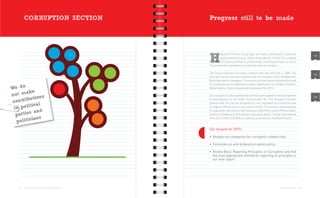 CORRUPTION SECTION                          Progress still to be made




                                                              auska & Partner Group does not make contributions to political

                                                     H        parties and politicians, neither financially nor in kind. Our company
                                                              in Croatia provided its professional consulting services to one of
                                                     the presidential candidates on a strictly commercial basis.
                                                                                                                                              SO6




                                                     The Group analyzed corruption-related risks the last time in 2008. The
                                                                                                                                              SO2
                                                     principal results were discussed among the members of the Management
                                                     Board and senior managers. The results and discussion indicated the need
                                                     to incorporate an anti-bribery/corruption statement in our Code of Conduct.
We do                                                Nevertheless, these changes were postponed for 2010.
         ake
not m                                                Our company in Latvia positioned itself and participated in the development
              ons                                                                                                                             SO5

 con  tributi                                        of amendments on the Public Procurement Act. The Hauska & Partner
                                                     position was that the bar proposed for non-regulated procurements was
          tical
 t o poli                                            too high for PR services on the Latvian market. This position was presented

             and                                     through public discussions and meetings in which the Latvian PR Association
  p arties                                           and the Confederation of Employers also participated. The bar was lowered
             ans                                     from LVL 91,000 to 20,000 as originally proposed by Hauska & Partner.
   p olitici
                                                     Our targets for 2010:

                                                     • Analyze our companies for corruption-related risks

                                                     • Formulate an anti-bribery/corruption policy

                                                     • Review Basic Reporting Principles on Corruption and find
                                                       the most appropriate method for reporting on principles in
                                                       our next report.




    24   OUR COMMUNICATION ON PROGRESS 2009 REPORT                                                                  CORRUPTION SECTION   25
 