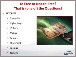 The More Things Change…Keep the User Interface simple and easy-to-use.Add features as users ask for them.Try as much as you can to have the same tool available to all communities. Provide central registries of business and personal topics.Don’t expect a lot of quality content too soon.Draw to communities people who are committed to the care and nurture core competency and knowledge.Ensure that all conferences or notes have owners – sponsors and moderators. Allow people to be human, to express and be themselves in the electronic  environment. The social networks that form have a solid foundation of trust.Create policies that bless and temper the use of the collaborative technology.Embed the use of the tool into your daily work processes and job descriptions.Text adapted from http://tinyurl.com/aeonxd