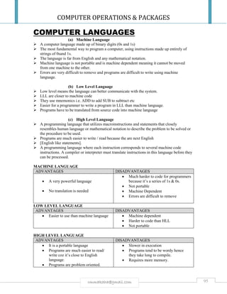 COMPUTER OPERATIONS & PACKAGES
95rmmakaha@gmail.com
COMPUTER LANGUAGES
(a) Machine Language
 A computer language made up of binary digits (0s and 1s)
 The most fundamental way to program a computer, using instructions made up entirely of
strings of 0sand 1s.
 The language is far from English and any mathematical notation.
 Machine language is not portable and is machine dependent meaning it cannot be moved
from one machine to the other.
 Errors are very difficult to remove and programs are difficult to write using machine
language.
(b) Low Level Language
 Low level means the language can better communicate with the system.
 LLL are closer to machine code
 They use mnemonics i.e. ADD to add SUB to subtract etc
 Easier for a programmer to write a program in LLL than machine language.
 Programs have to be translated from source code into machine language
(c) High Level Language
 A programming language that utilizes macroinstructions and statements that closely
resembles human language or mathematical notation to describe the problem to be solved or
the procedure to be used.
 Programs are much easier to write / read because the are next English
 [English like statements].
 A programming language where each instruction corresponds to several machine code
instructions. A compiler or interpreter must translate instructions in this language before they
can be processed.
MACHINE LANGUAGE
ADVANTAGES DISADVANTAGES
 A very powerful language
 No translation is needed
 Much harder to code for programmers
because it’s a series of 1s & 0s.
 Not portable
 Machine Dependent
 Errors are difficult to remove
LOW LEVEL LANGUAGE
ADVANTAGES DISADVANTAGES
 Easier to use than machine language  Machine dependent
 Harder to code than HLL
 Not portable
HIGH LEVEL LANGUAGE
ADVANTAGES DISADVANTAGES
 It is a portable language
 Programs are much easier to read/
write coz it’s close to English
language.
 Programs are problem oriented.
 Slower in execution
 Programs tend to be wordy hence
they take long to compile.
 Requires more memory.
 